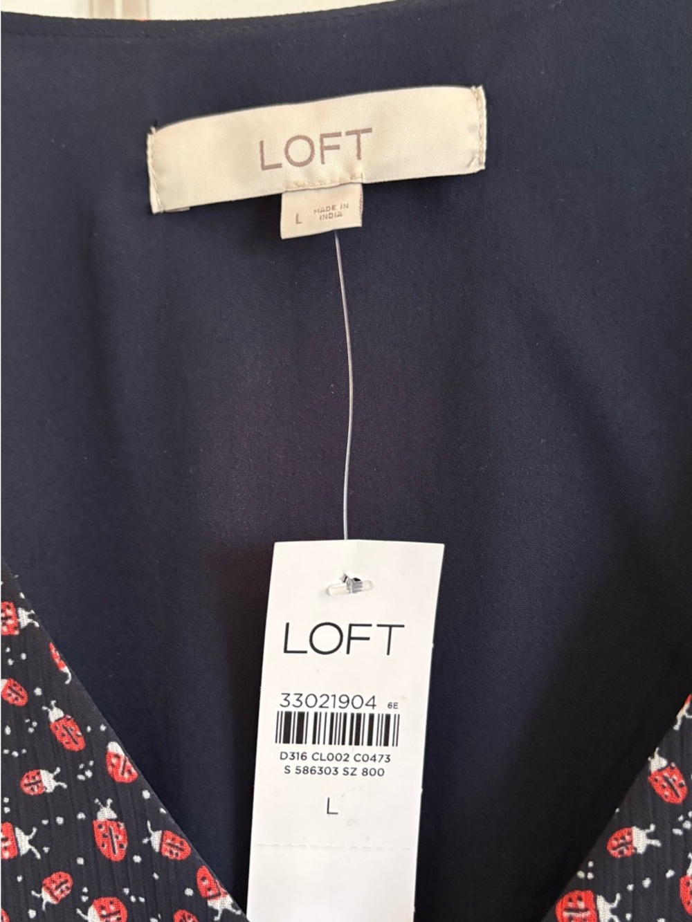 LOFT Navy Ladybug Print V Neck Dress with Smocked Waist and Cuffs - Picture 2 of 5